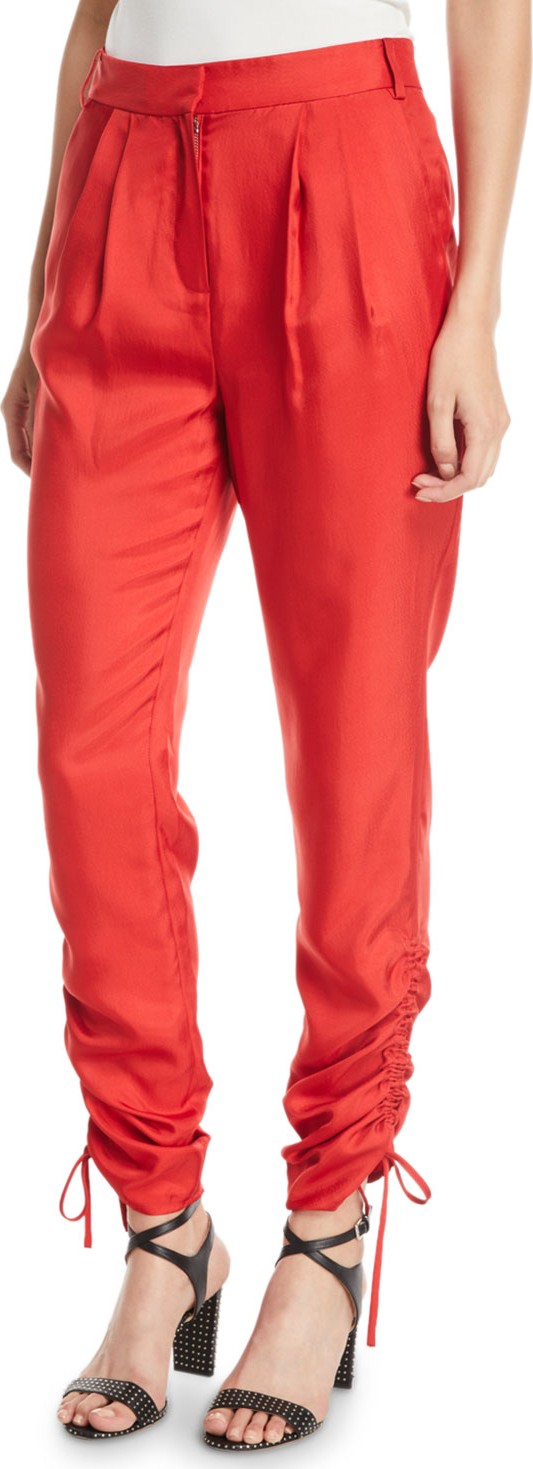 Tibi Mendini Skinny-Leg Shirred Twill Pants w/ Drawstring Hem