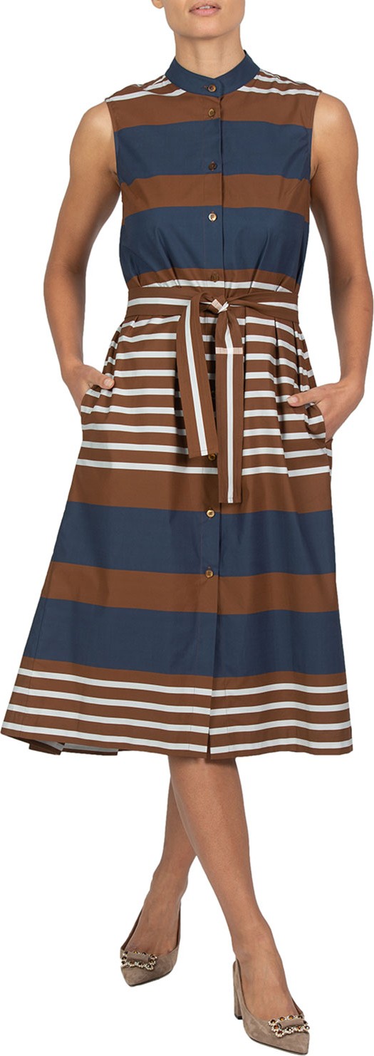 Eleventy Pleated-Back Striped Poplin Dress