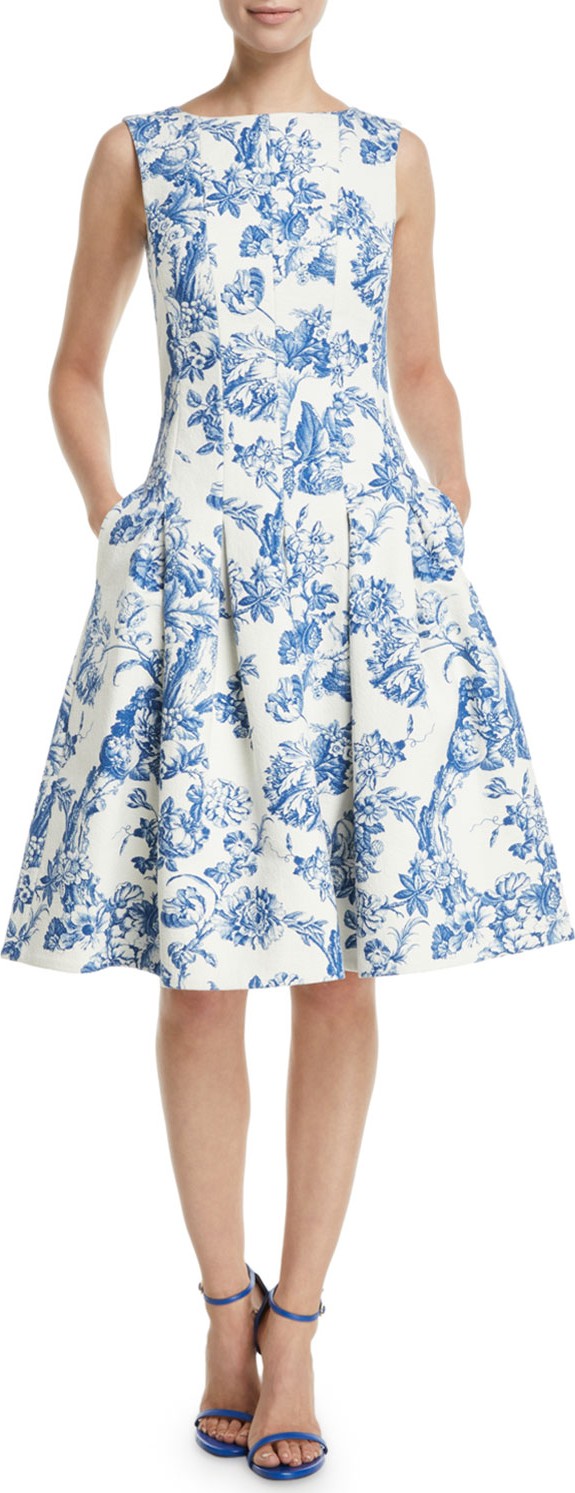 Oscar De La Renta Sleeveless Fit-and-Flare Toile Knee-Length Day Dress