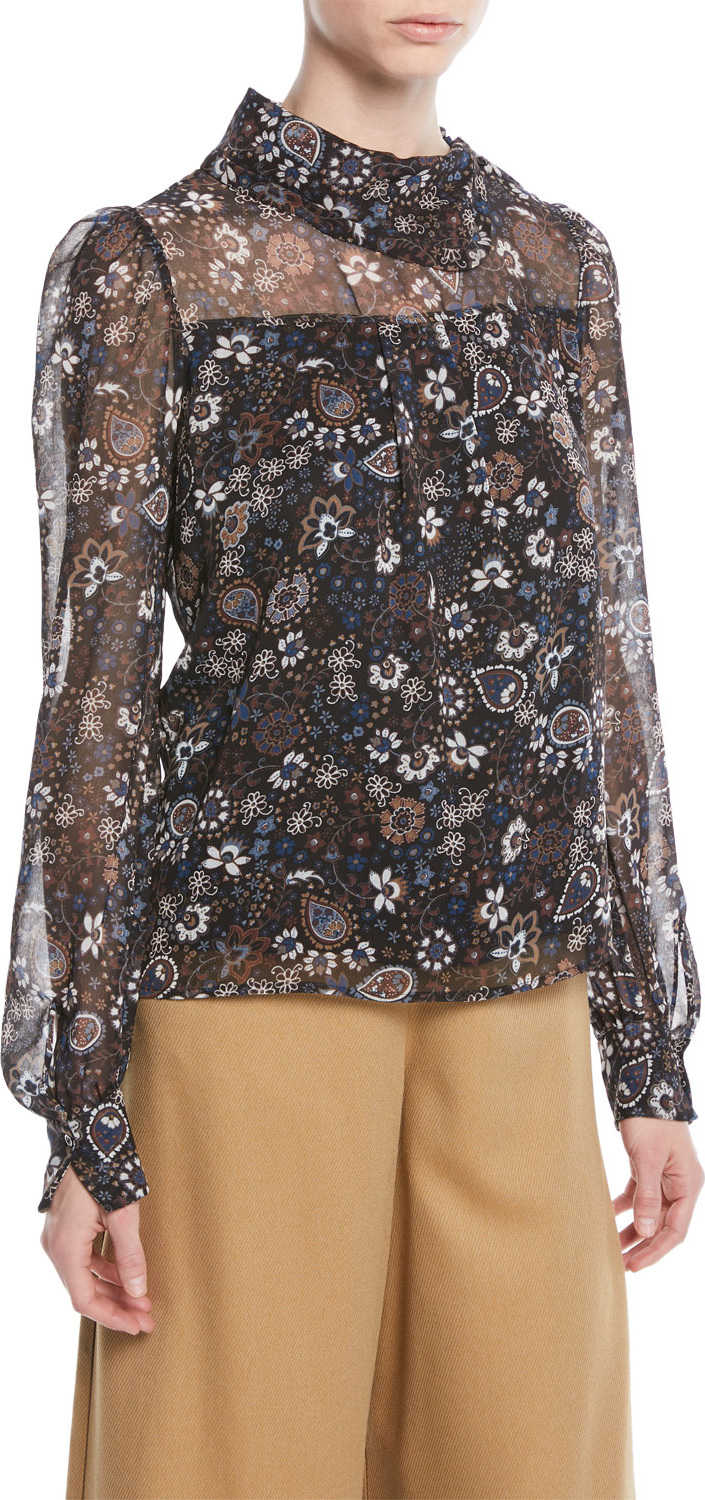 See By Chloé Printed Long-Sleeve High-Neck Blouse