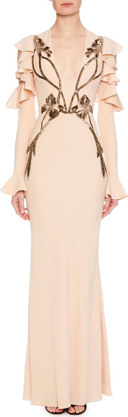 Alexander McQueen Deep-V Long-Sleeve Orchid-Embroidered Column Evening Gown