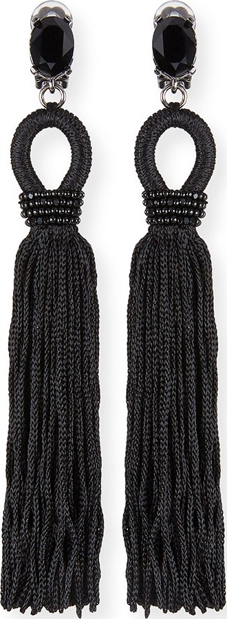 Oscar De La Renta Long Crystal Loop Tassel Clip Earrings, Black