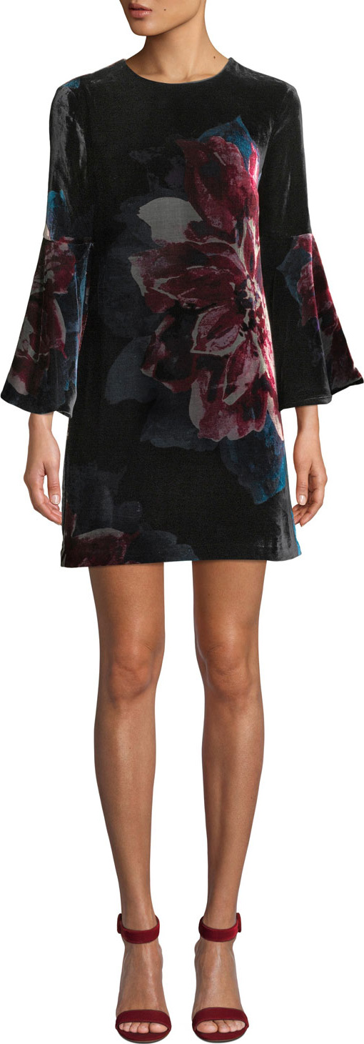 Trina Turk Astral Floral Velvet Bell-Sleeve Mini Dress