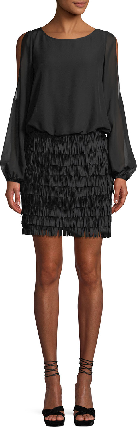 Aidan by Aidan Mattox Slit-Sleeve Mini Dress w/ Fringe Skirt