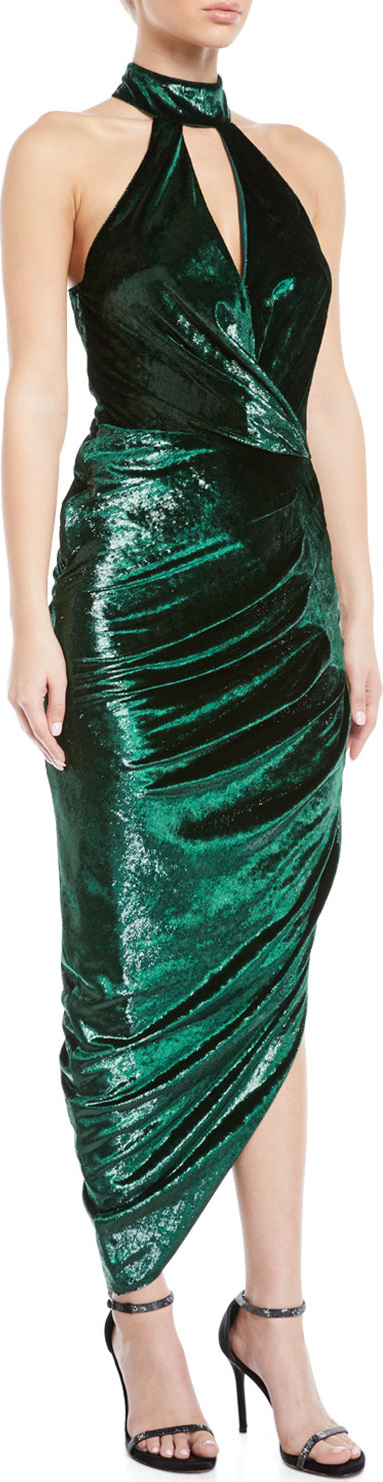 MILLY Jana Metallic Velvet Asymmetric Wrap Dress