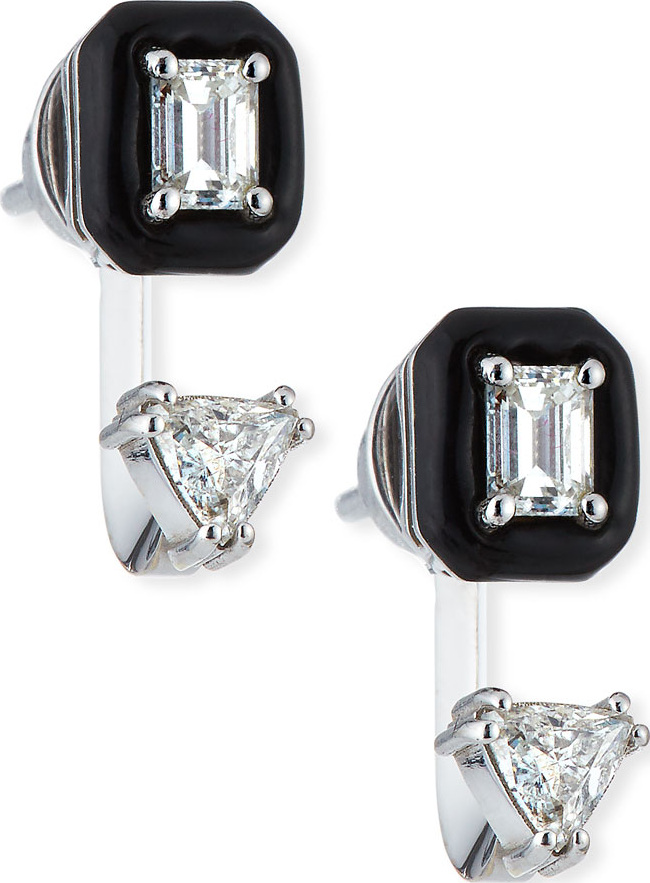 Nikos Koulis Oui 18k White Gold Double Diamond & Black Enamel Drop Earrings