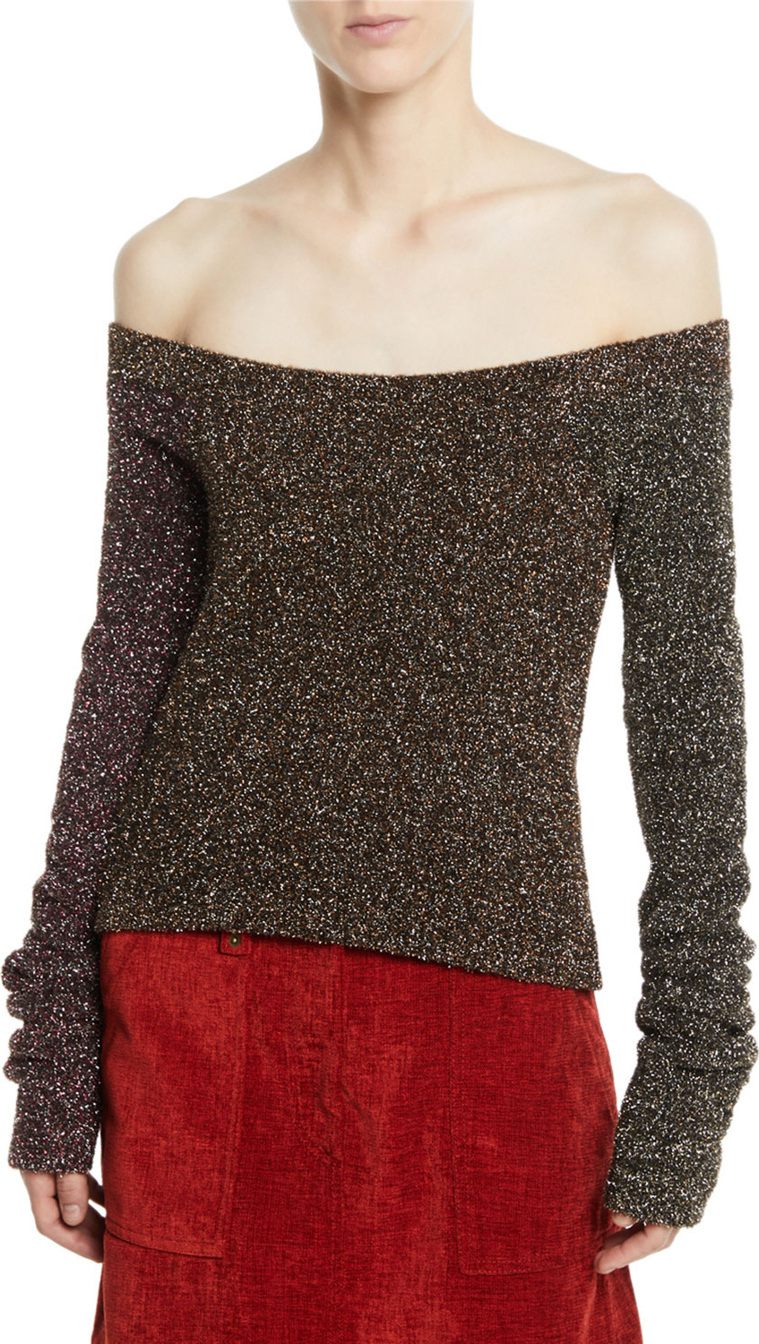 McQ - Alexander McQueen Off-the-Shoulder Metallic Long-Sleeve Sweater