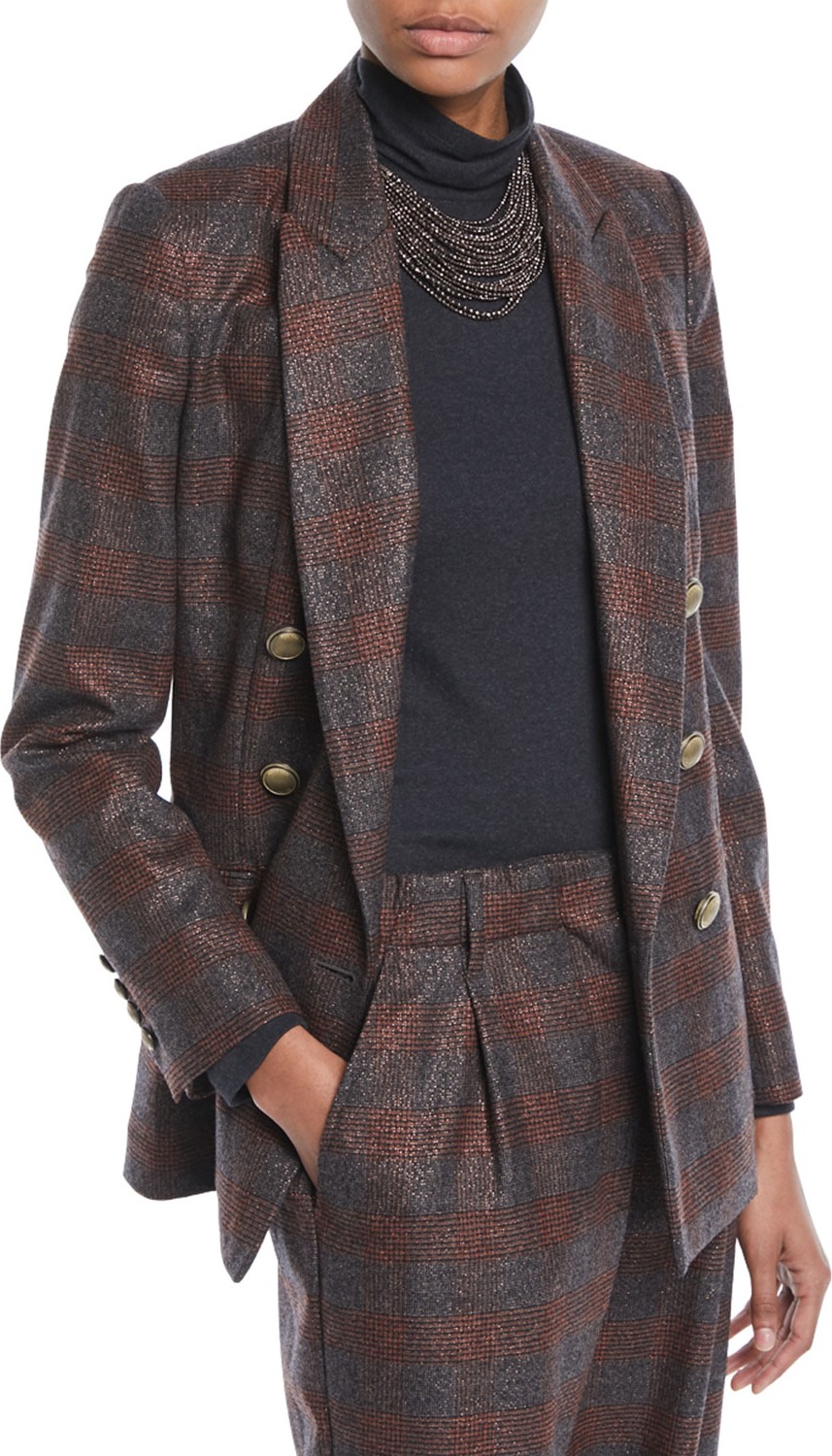 Brunello Cucinelli Double-Breasted Metallic Plaid Blazer Jacket w/ Brass Buttons