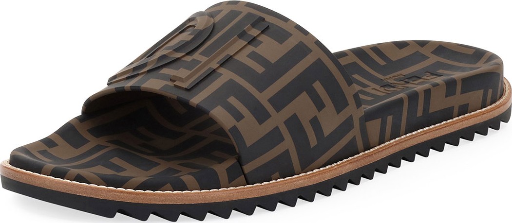 Fendi Men's Rubber Pool Slide Sandals w/ Raised Logo Detail