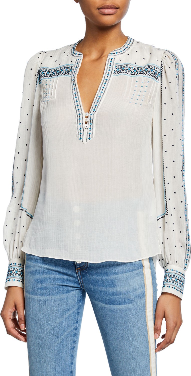 Veronica Beard Carta Embroidered Long-Sleeve Blouse