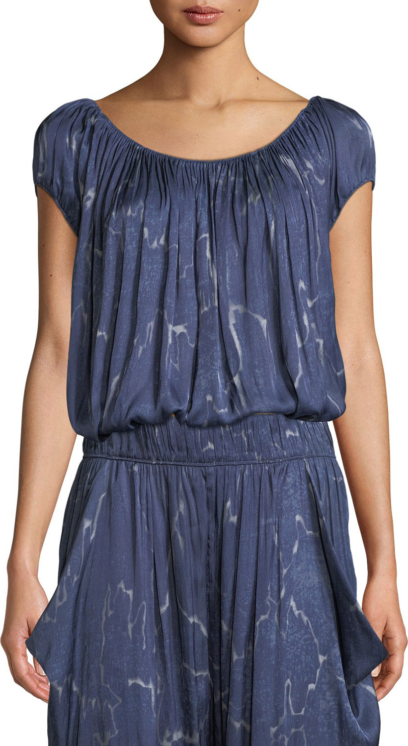 HALSTON HERITAGE Ruched-Neck Short-Sleeve Top