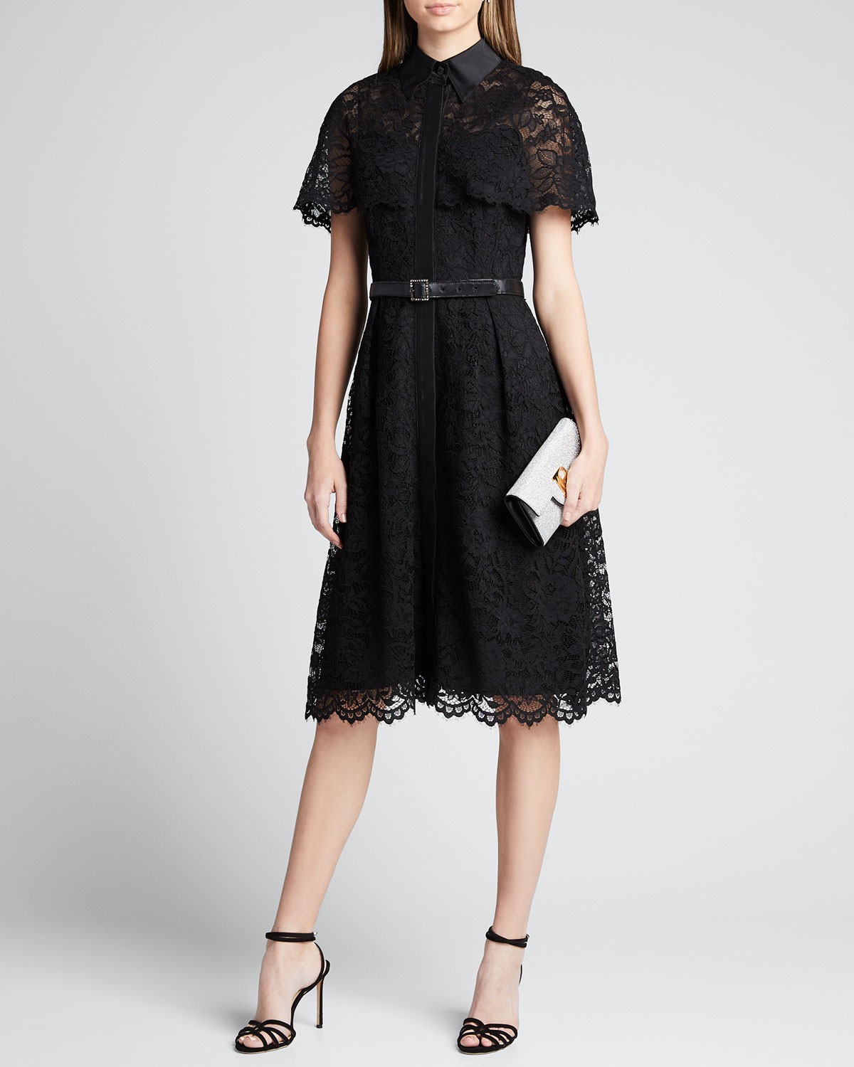 Rickie Freeman for Teri Jon Short-Sleeve Capelet Lace Belted Shirtdress
