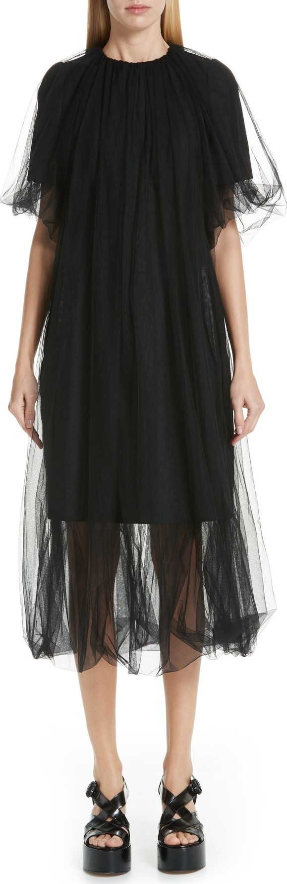 Noir Kei Ninomiya Tulle Overlay Wool Shift Dress