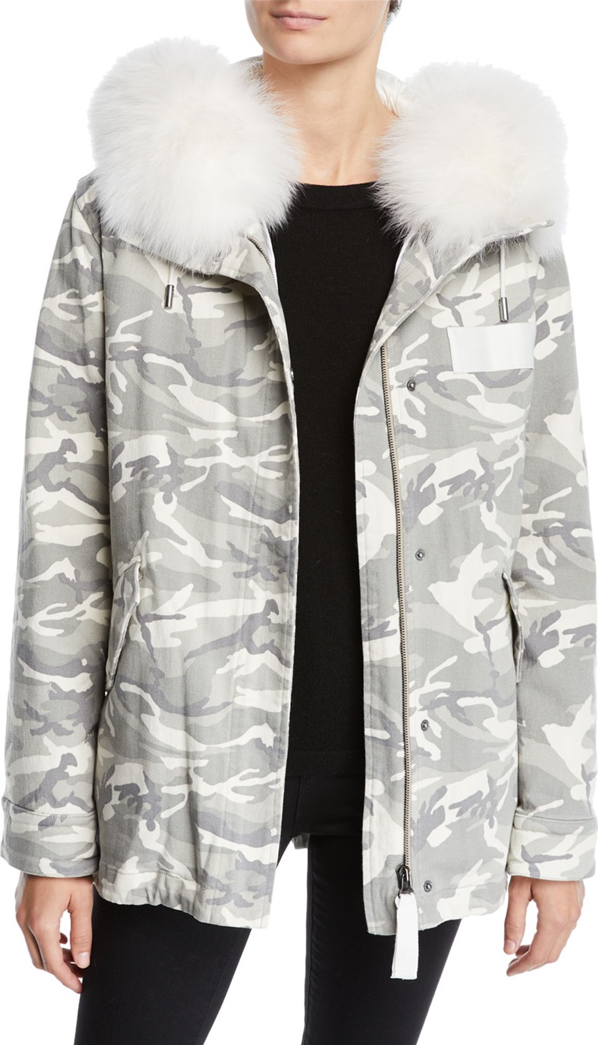 Army By Yves Salomon Slim Reversible Camo & Fur Puffer Jacket