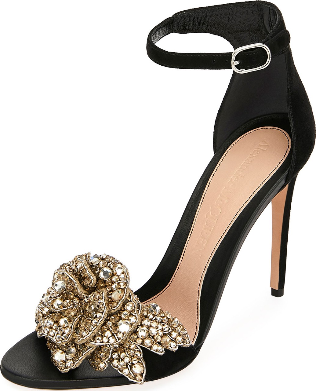 Alexander McQueen Suede High Sandals with Crystal Flower