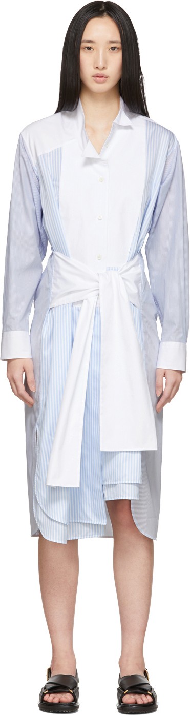 LOEWE Blue & White Striped Belted Shirt Dress
