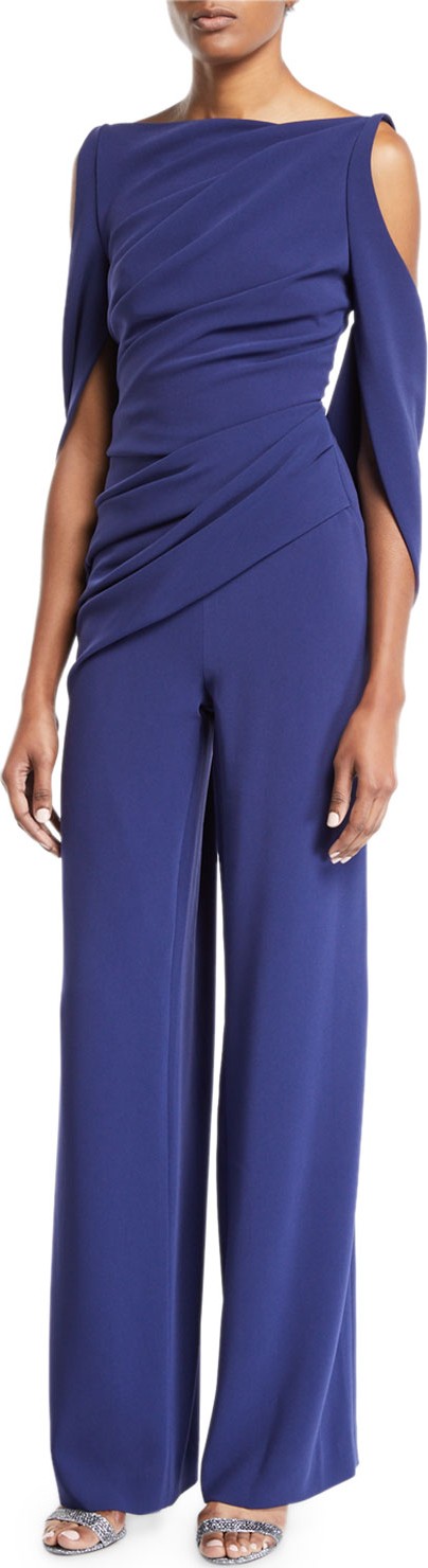 Talbot Runhof Open-Shoulder Lace-Back Jumpsuit