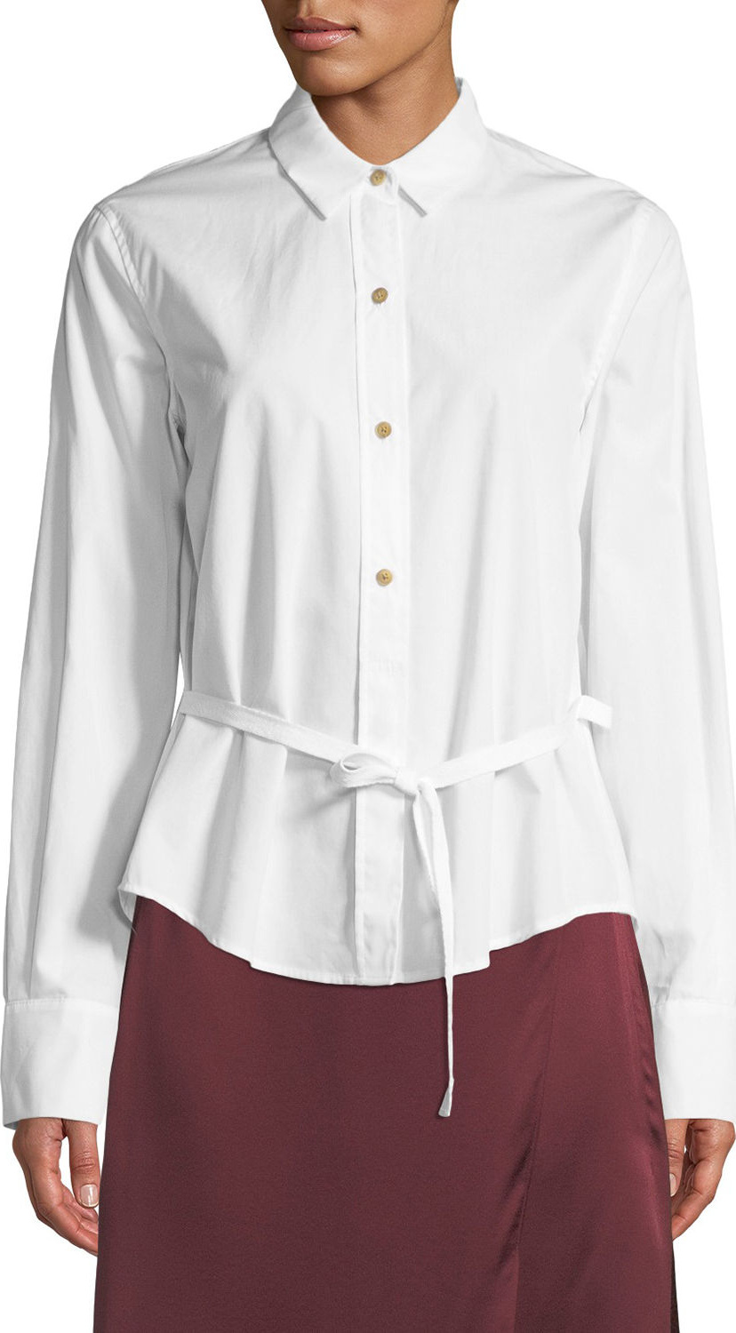 Vince Front-Tie Long-Sleeve Button-Down Top