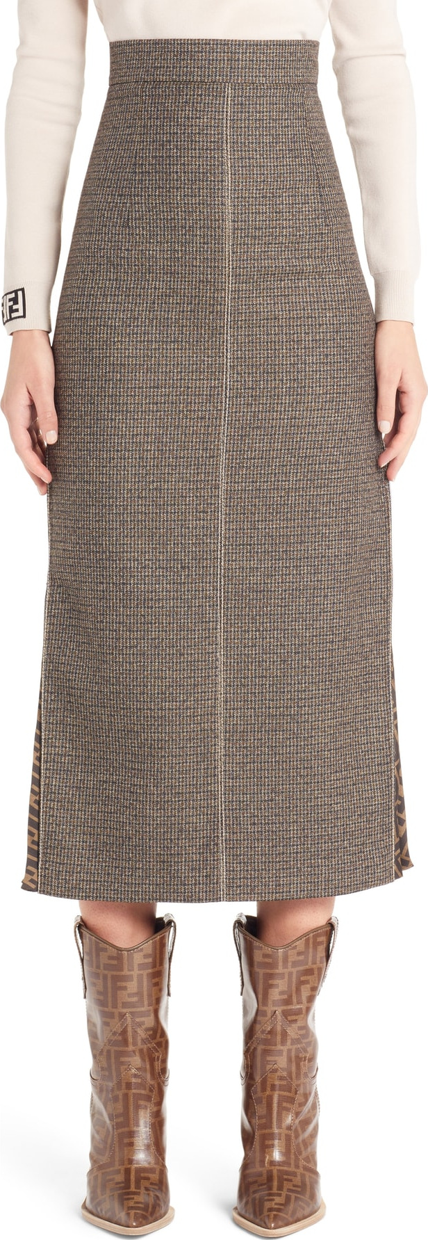 Fendi Silk Logo Godet Stretch Wool Skirt