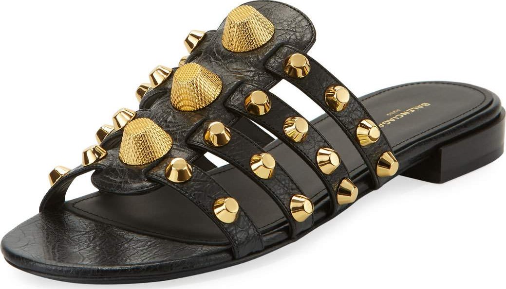 Balenciaga Mixed-Stud Leather Slide Flat Sandals