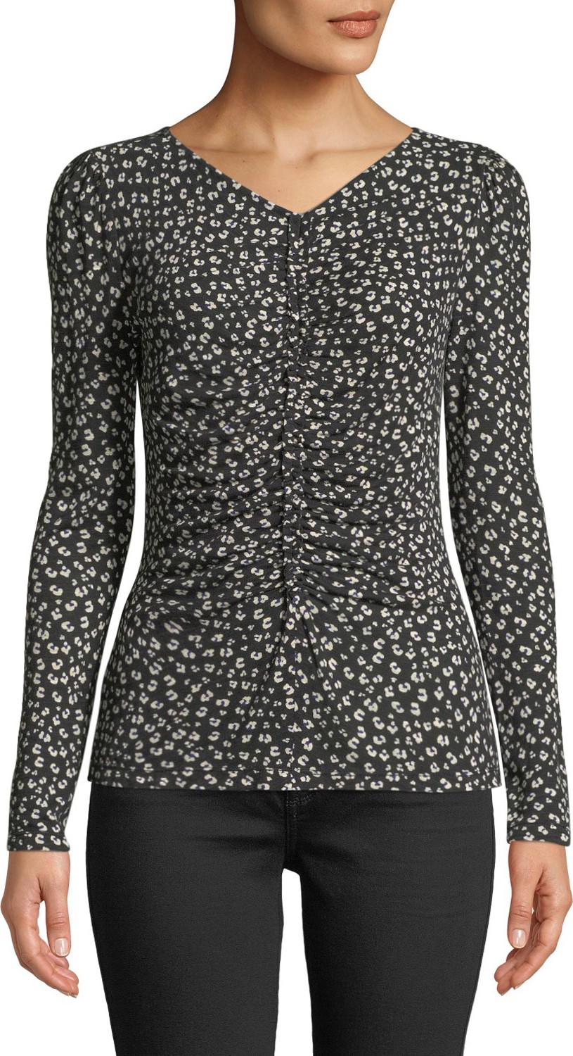 Rebecca Taylor Ruched Cheetah-Print Long-Sleeve Jersey Top