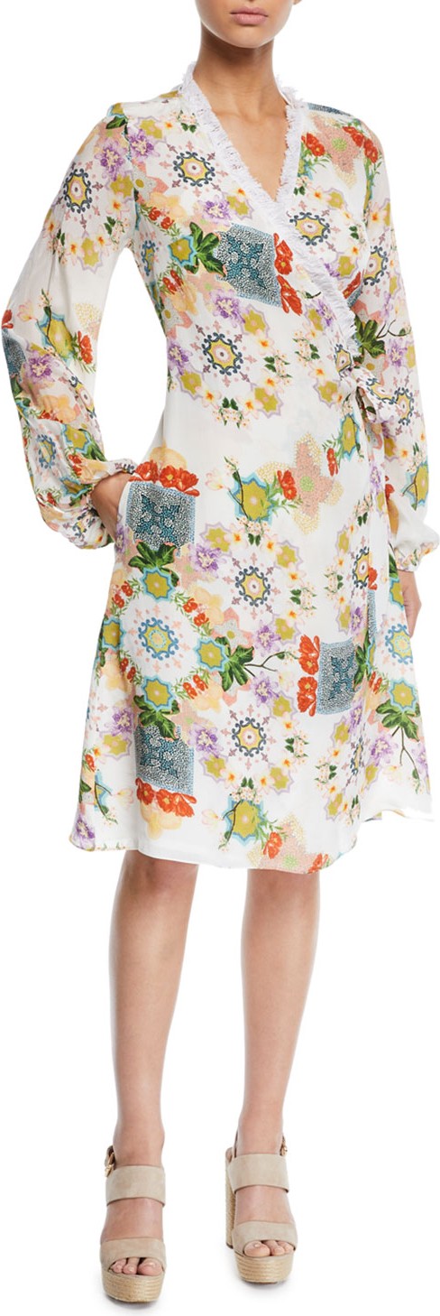 VERANDAH Printed Blouson-Sleeve Coverup Wrap Dress with Fringe