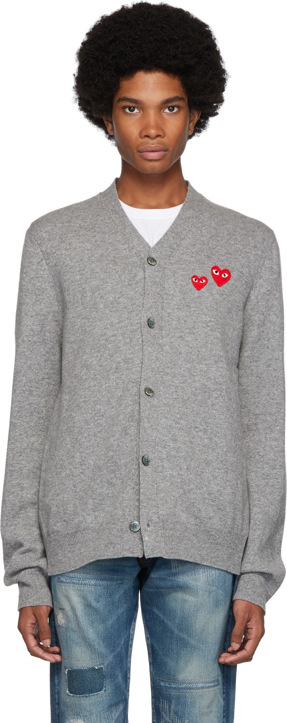 Comme Des Garcons PLAY Grey Wool Double Heart Cardigan