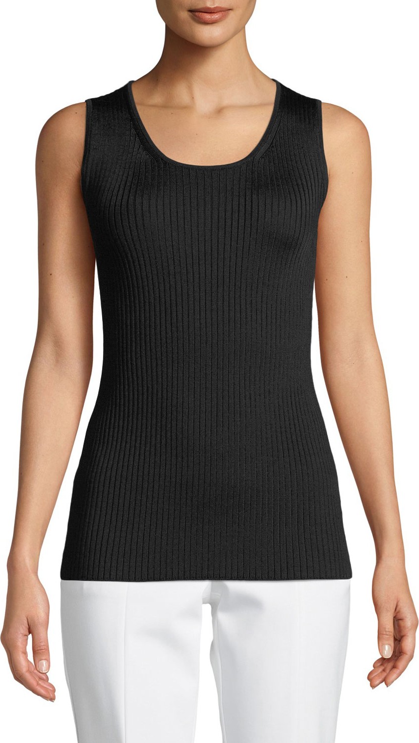 St. John Scoop-Neck Plaited Rib-Knit Shell