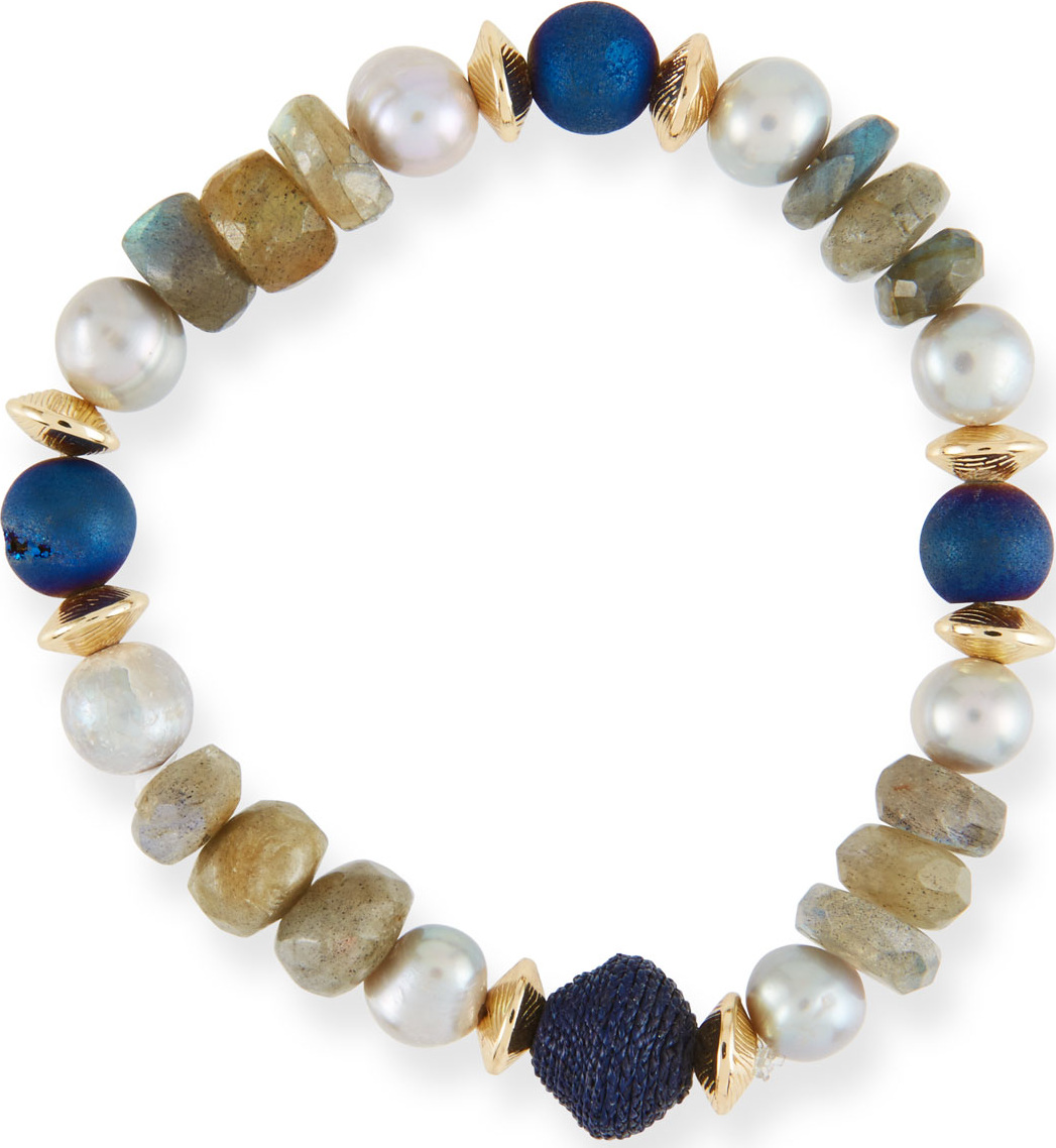 Akola Stone & Disc Thin Stretch Bead  Bracelet