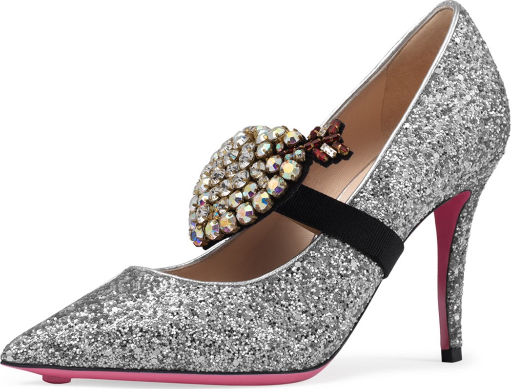 Gucci 95mm Virginia Glitter Pump with Crystal Heart