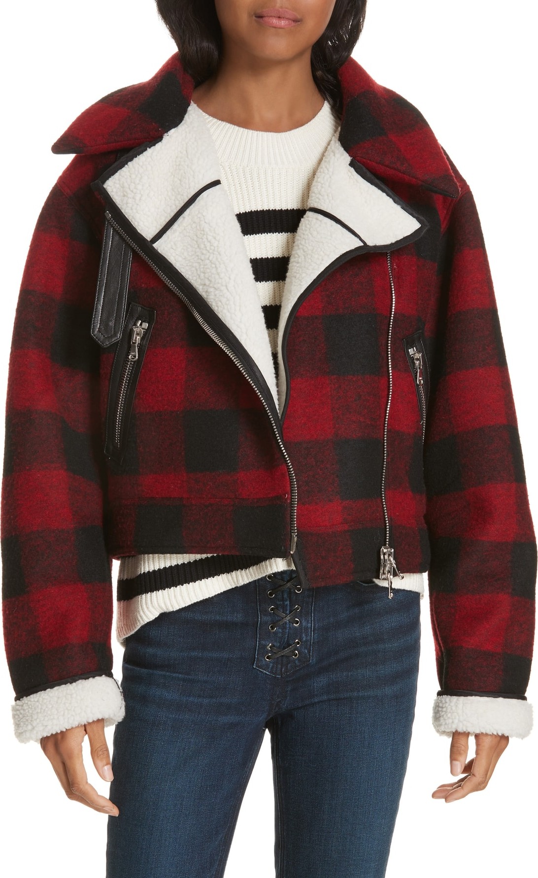 Veronica Beard Benni Faux Shearling Lined Buffalo Check Moto Jacket