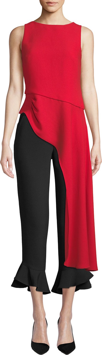 Trina Turk Harmony Sleeveless High-Neck Asymmetric Crepe Top