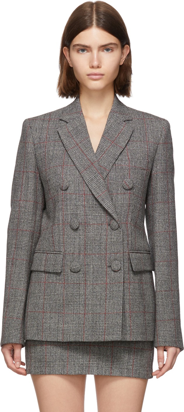 Helmut Lang Grey Wool Prince Of Wales Double-Breasted Blazer