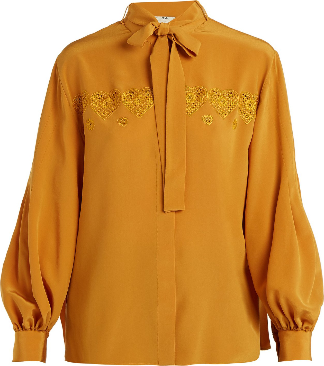 Fendi Heart-embroidered tie-neck silk shirt