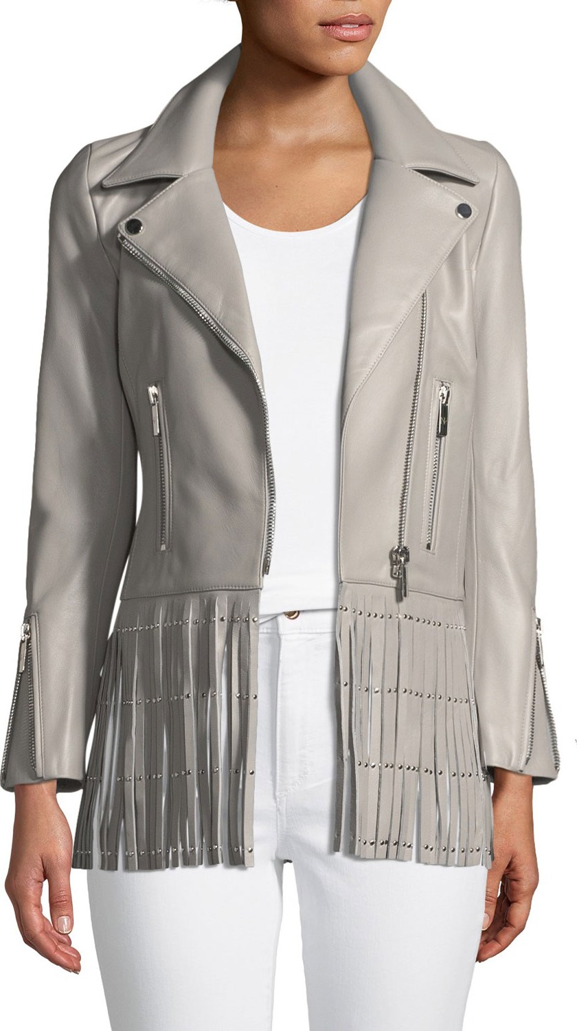 Nour Hammour Saint Lambskin Leather Moto Jacket with Studded Fringe Hem