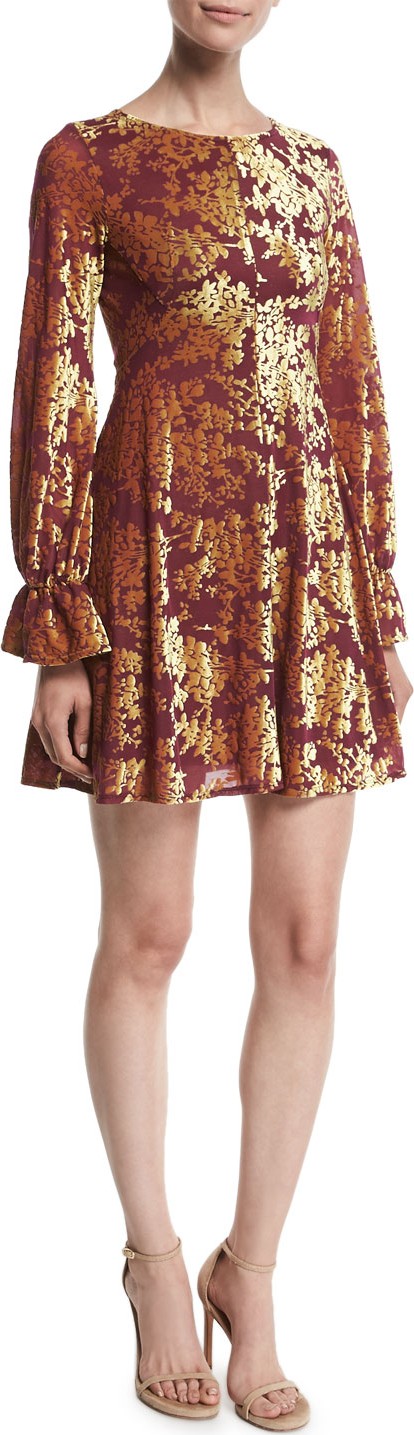 Amanda Uprichard Valeria Velvet Burnout Long-Sleeve Short Dress