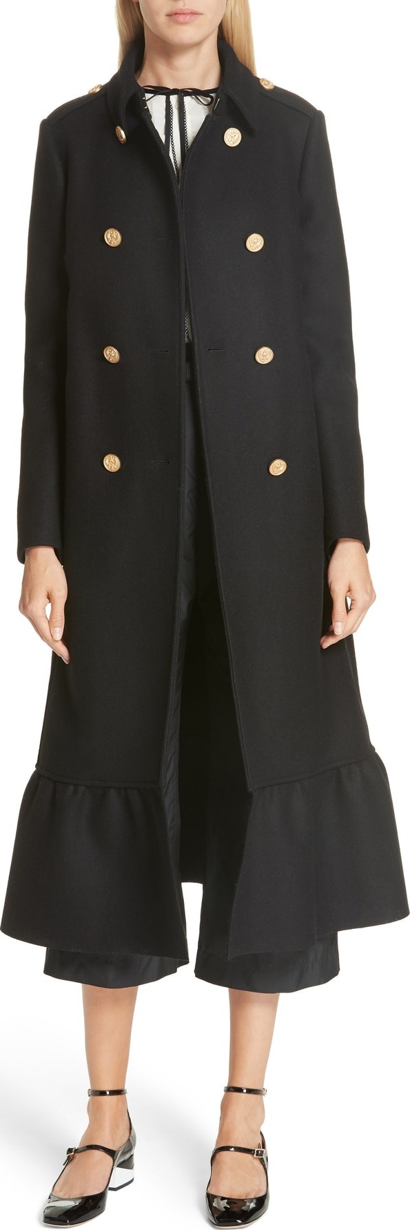 RED Valentino Ruffle Hem Double Breasted Wool Blend Coat