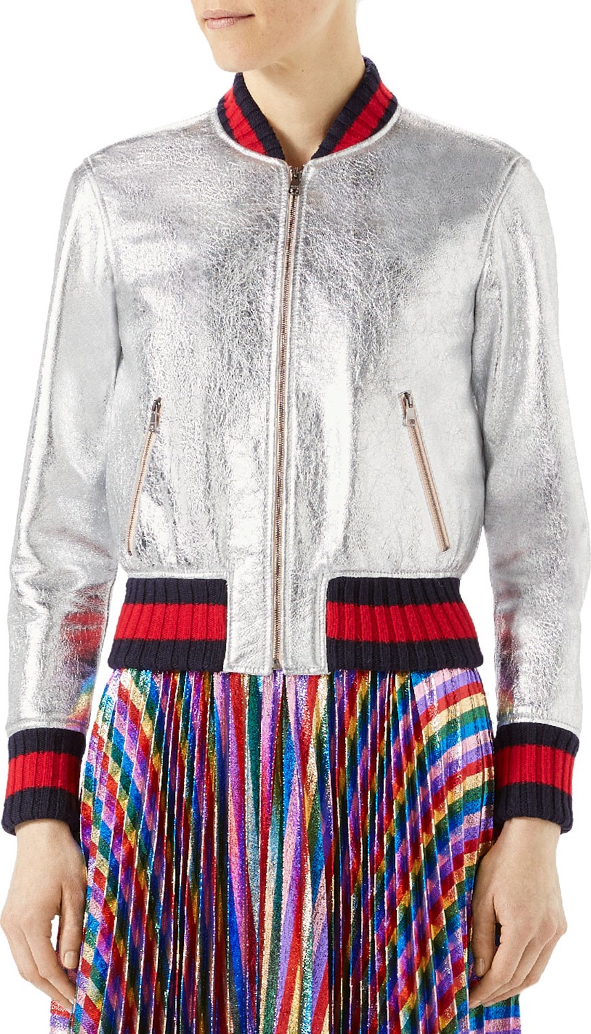 Gucci Crackle Leather Bomber Jacket, Silver