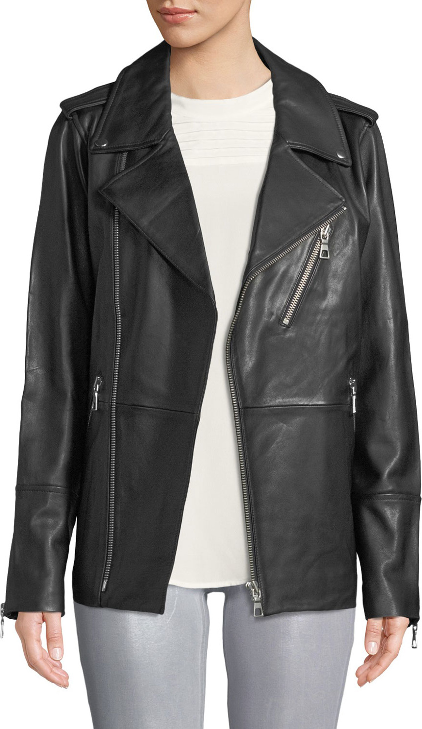J BRAND Eden Zip-Front Long Leather Moto Jacket