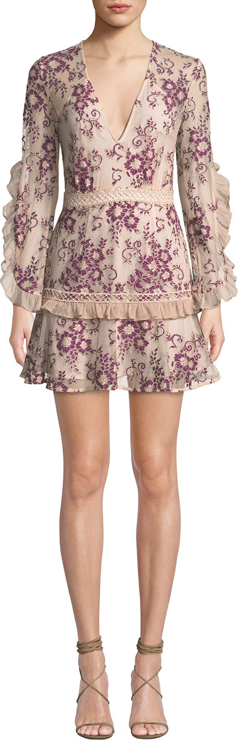 Talulah Anaphora V-Neck Ruffled Long-Sleeve Floral-Embroidered Short Dress