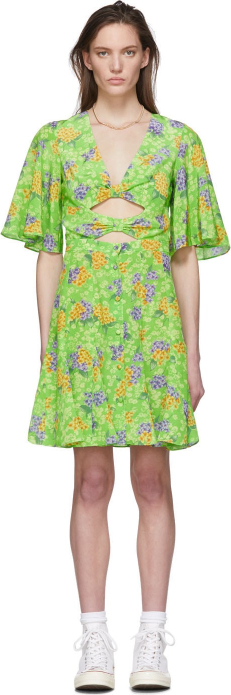 Les Rêveries Green Floral Silk Knot Dress