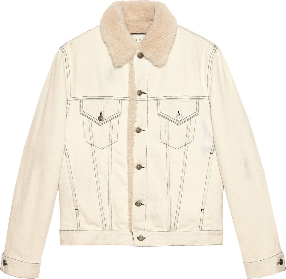 Gucci Shearling lined denim jacket with sketch snake print