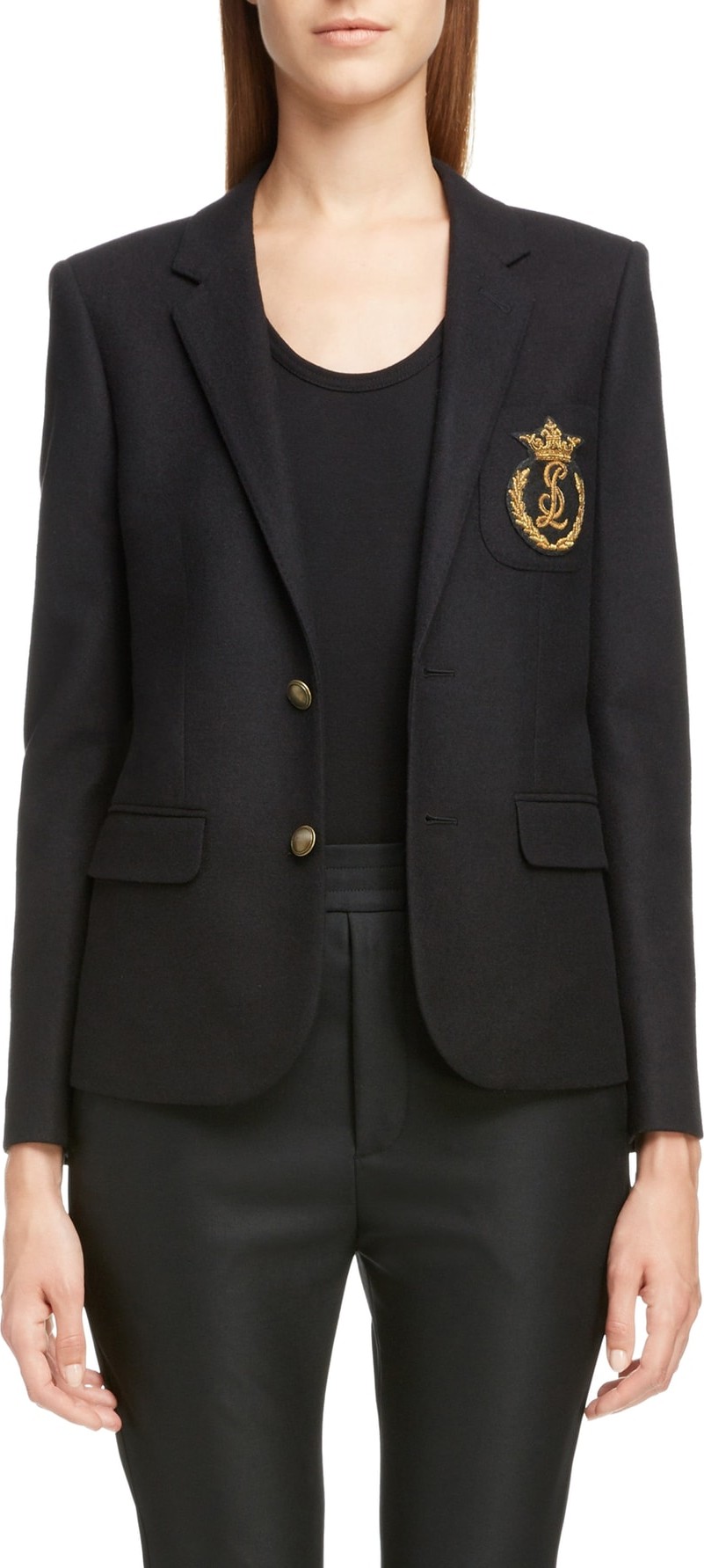 Saint Laurent Crown Logo Patch Wool Blazer
