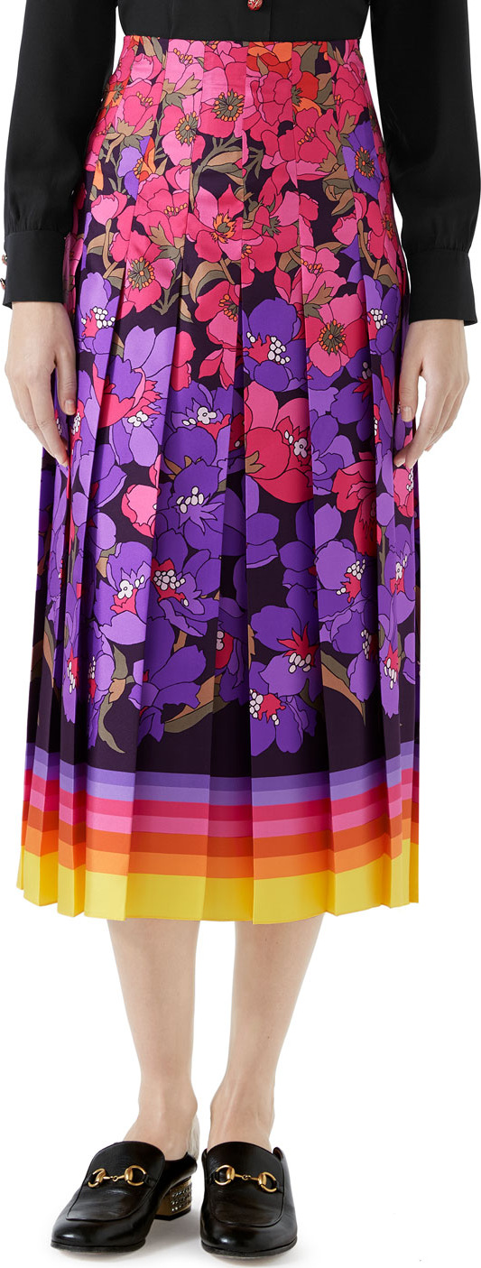 Gucci Floral Degrade Silk Twill Pleated Midi Skirt