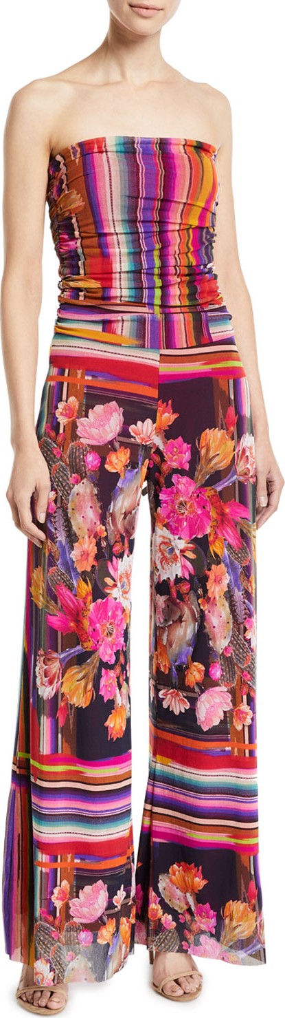 Fuzzi Cactus Strapless Wide-Leg Mixed-Print Jumpsuit