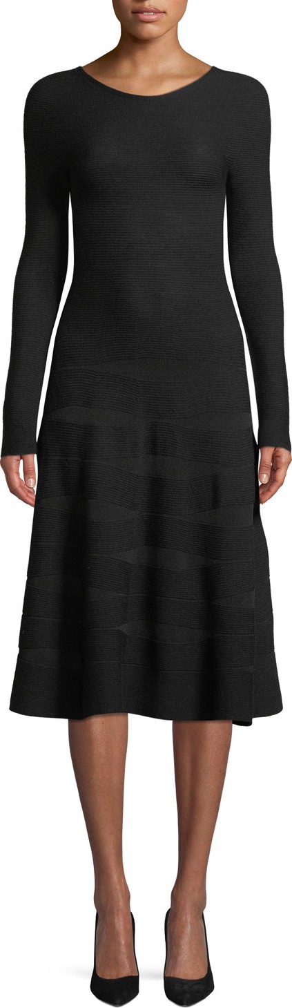 Emporio Armani Long-Sleeve Ottoman-Jacquard Wool A-Line Midi Dress