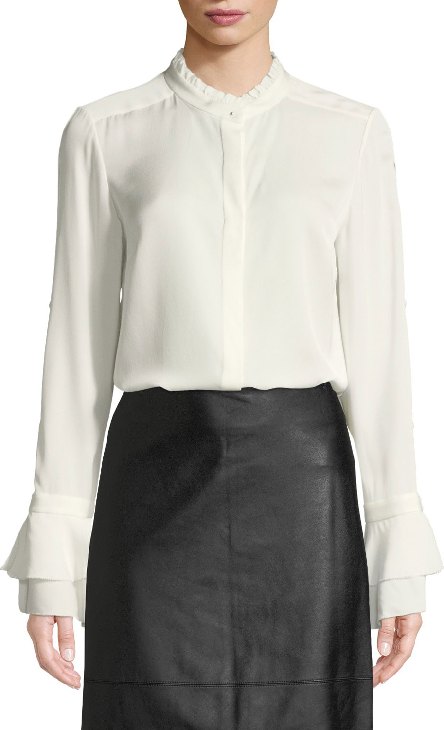 Elie Tahari Teddie Ruffled-Trim Silk Blouse