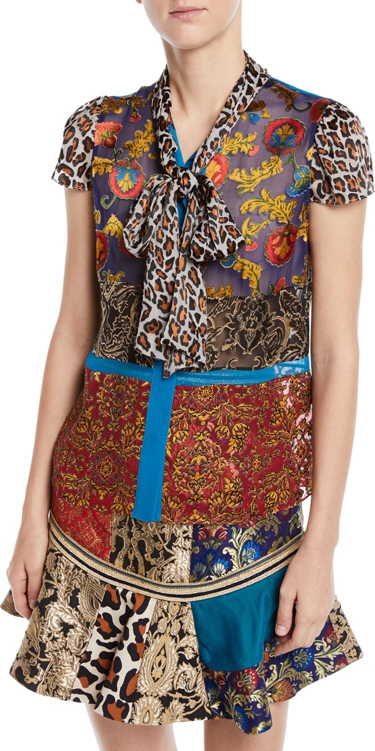 Alice + Olivia Jeannie Bow-Collar Mixed-Print Button-Front Blouse