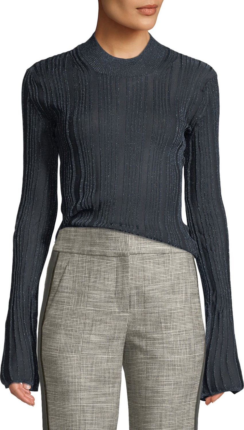 Caroline Constas Metallic Bell-Sleeve Crewneck Top