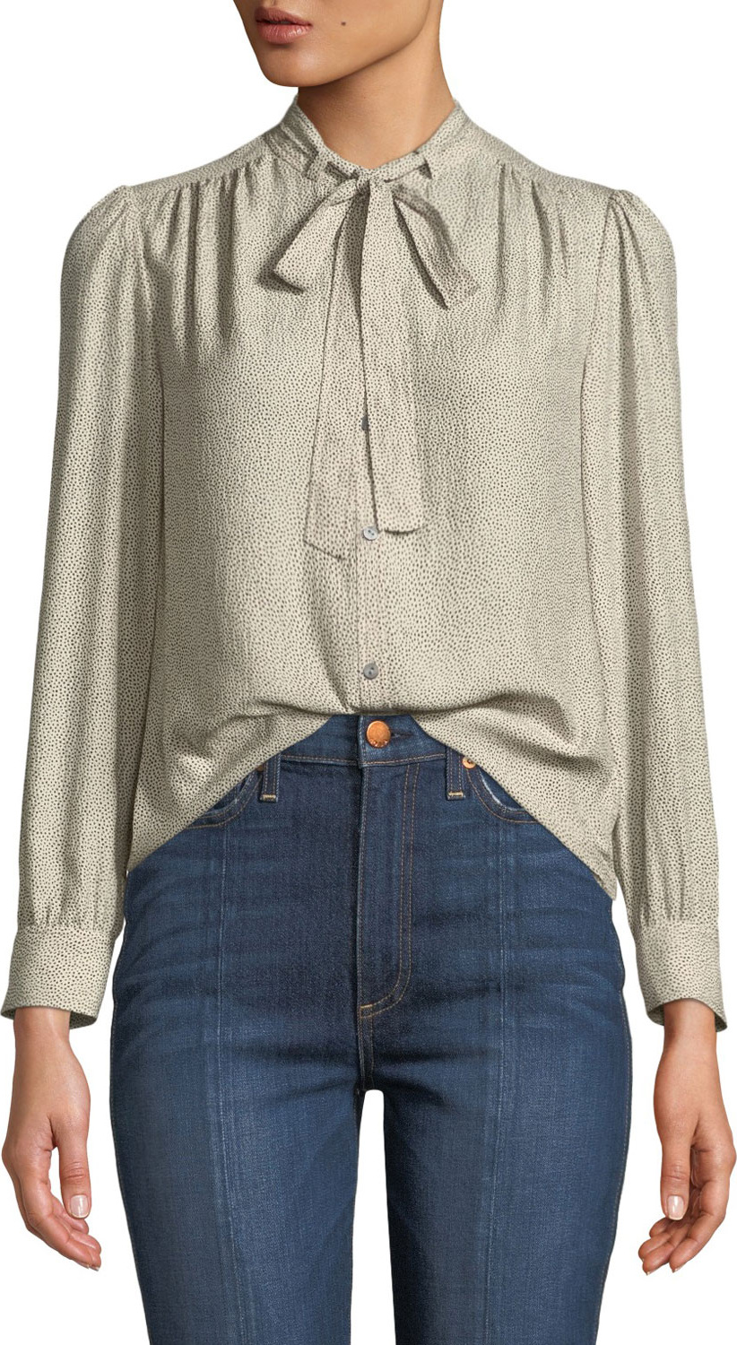 Rebecca Taylor Tie-Neck Long-Sleeve Sprinkle-Dot Silk Top